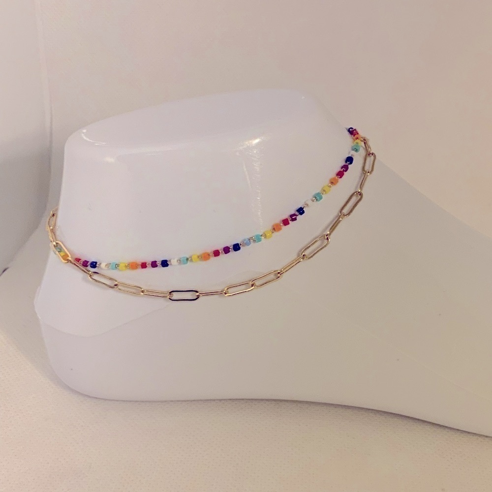 Dainty Gold & Beaded Anklet Set Beach Boho Feminine 11.5”-12” Adjustable - NWOT